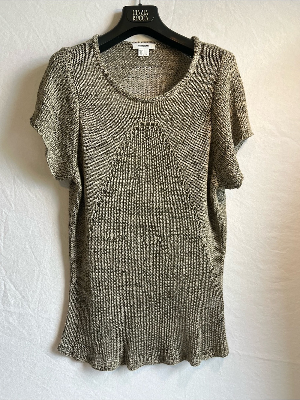 Helmut Lang Olive Green Open-Knit Short Sleeve Crew Sweater
